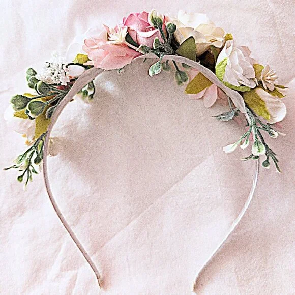 Pink Flower Crown White Garland Floral Hair Accessory Renfaire Cosplay Coquette - Picture 1 of 4